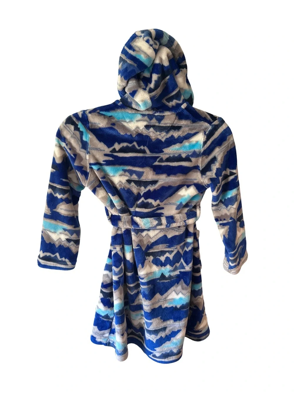 Lands' End Kids Size 6 Plush Hooded Fleece Robe Blue Mountain Graphic Print